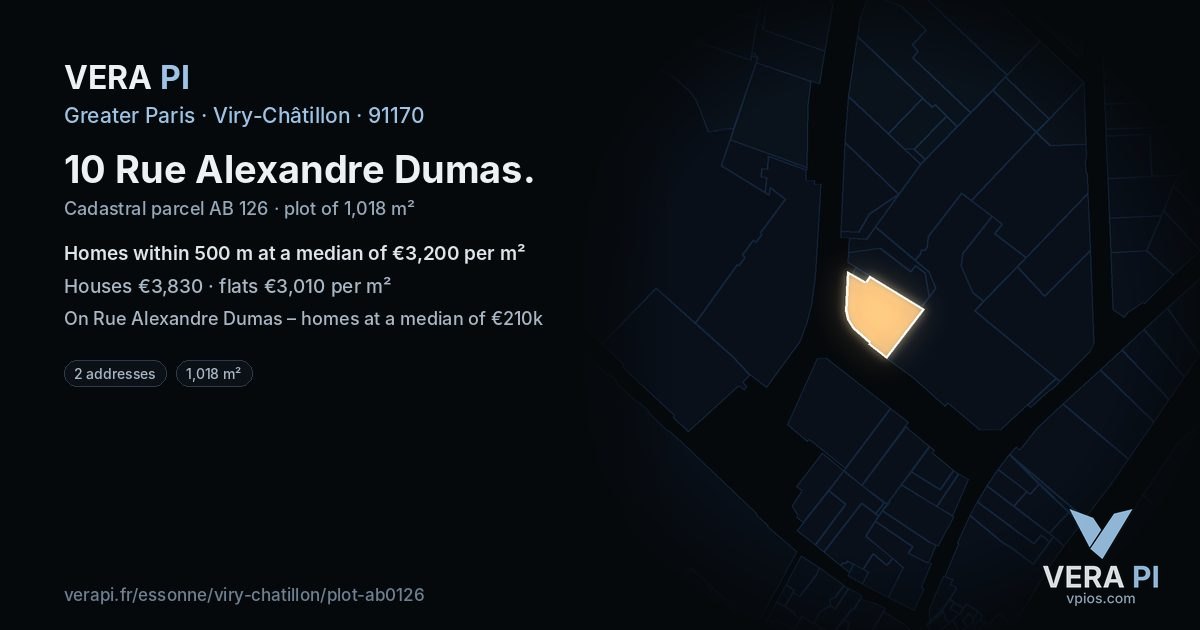 10 Rue Alexandre Dumas, Viry-Châtillon at night – the plot lit, the parcels around coloured by the prices near them