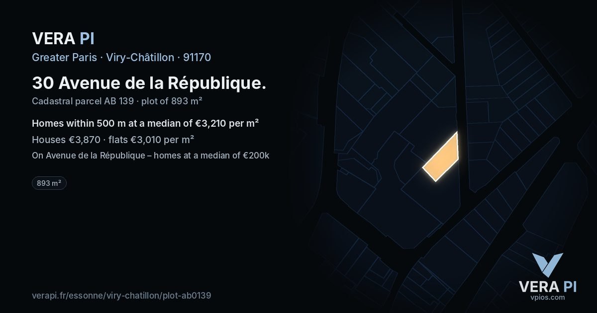 30 Avenue de la République, Viry-Châtillon at night – the plot lit, the parcels around coloured by the prices near them