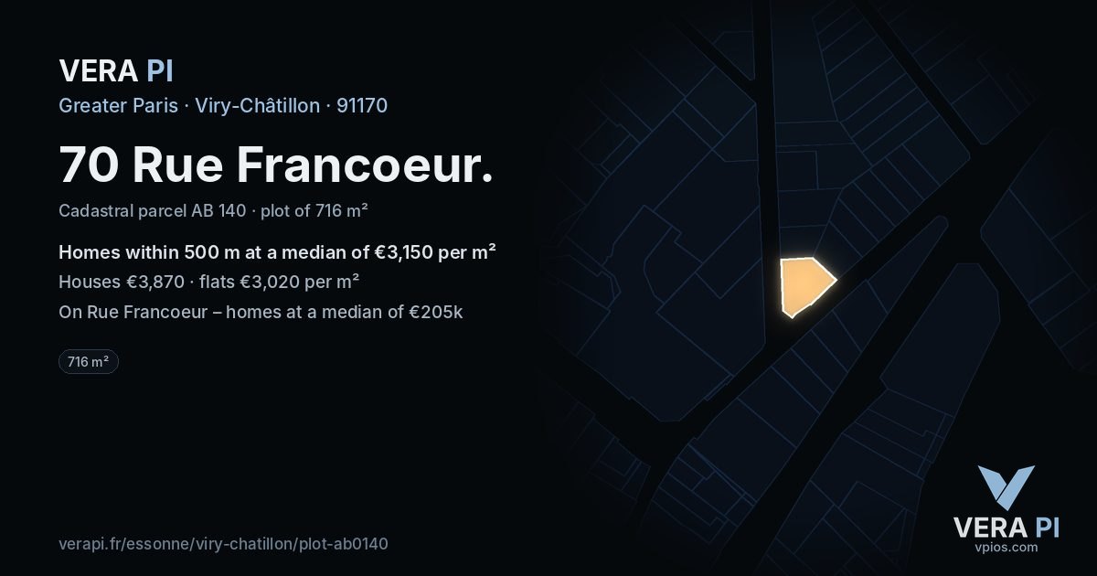 70 Rue Francoeur, Viry-Châtillon at night – the plot lit, the parcels around coloured by the prices near them