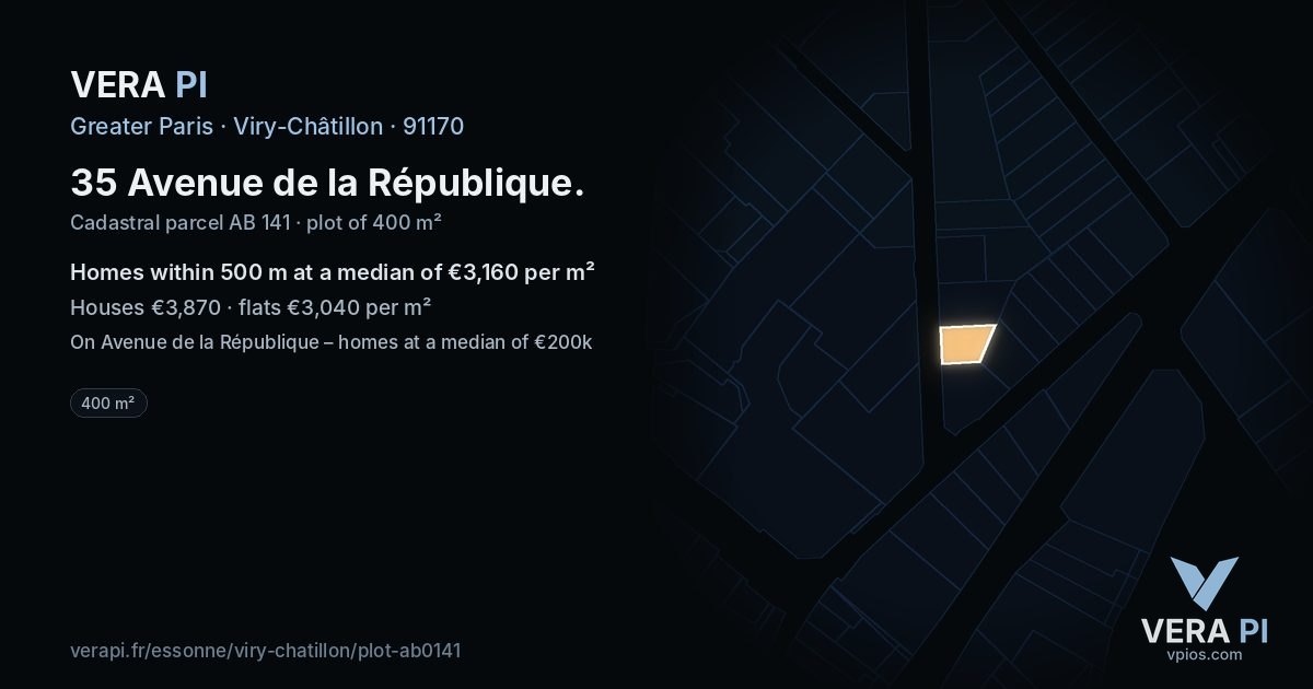 35 Avenue de la République, Viry-Châtillon at night – the plot lit, the parcels around coloured by the prices near them