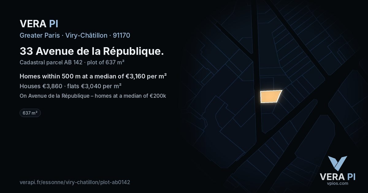 33 Avenue de la République, Viry-Châtillon at night – the plot lit, the parcels around coloured by the prices near them
