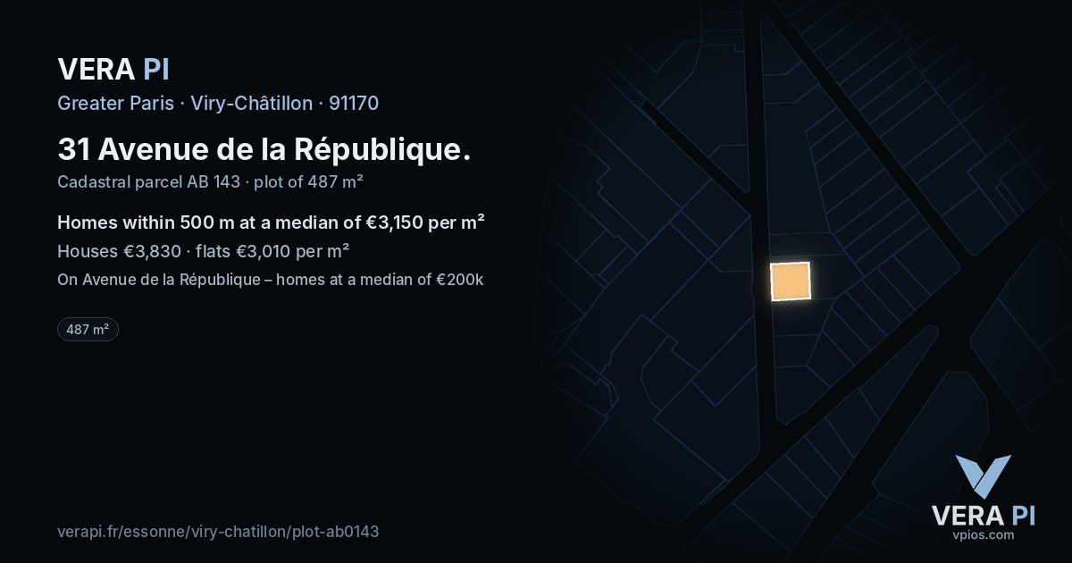 31 Avenue de la République, Viry-Châtillon at night – the plot lit, the parcels around coloured by the prices near them
