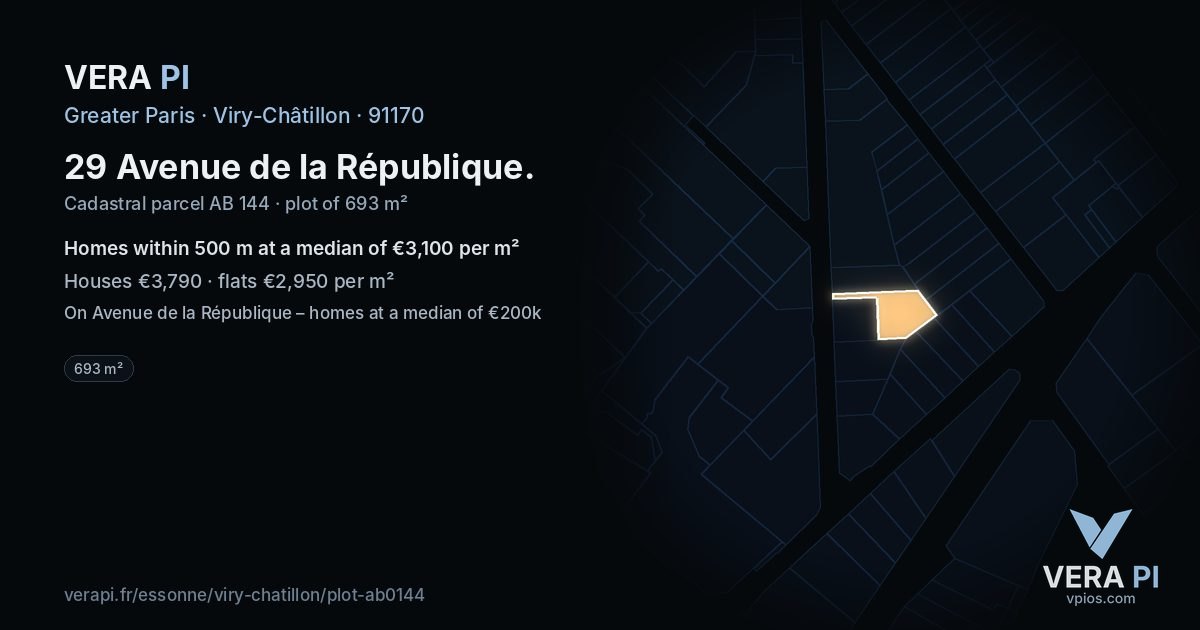 29 Avenue de la République, Viry-Châtillon at night – the plot lit, the parcels around coloured by the prices near them