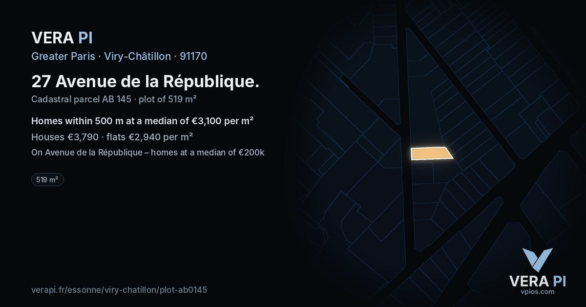 27 Avenue de la République, Viry-Châtillon at night – the plot lit, the parcels around coloured by the prices near them