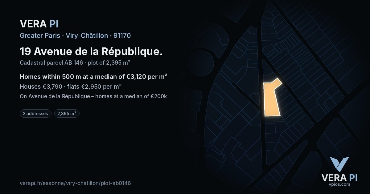19 Avenue de la République, Viry-Châtillon at night – the plot lit, the parcels around coloured by the prices near them