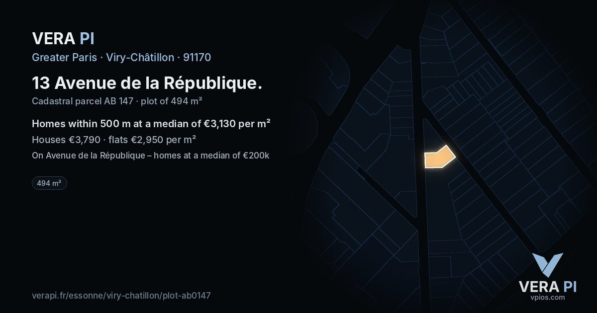 13 Avenue de la République, Viry-Châtillon at night – the plot lit, the parcels around coloured by the prices near them