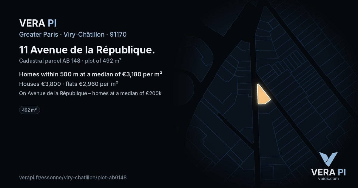 11 Avenue de la République, Viry-Châtillon at night – the plot lit, the parcels around coloured by the prices near them