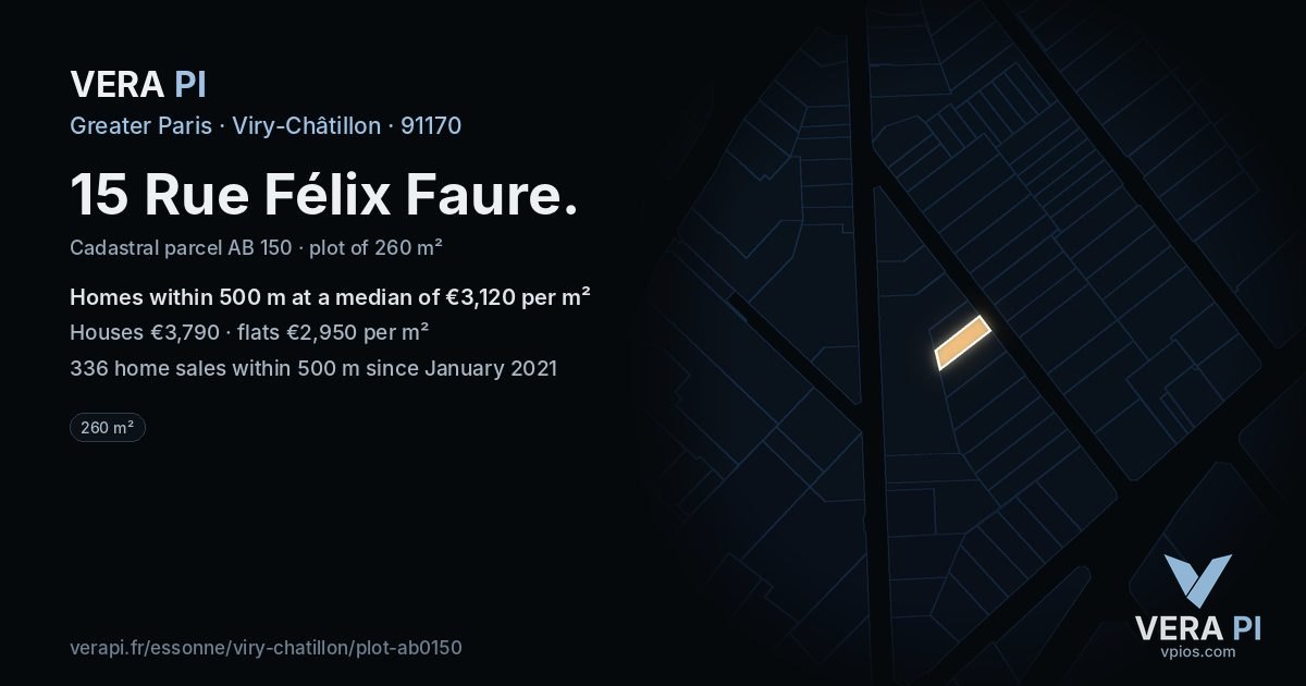15 Rue Félix Faure, Viry-Châtillon at night – the plot lit, the parcels around coloured by the prices near them