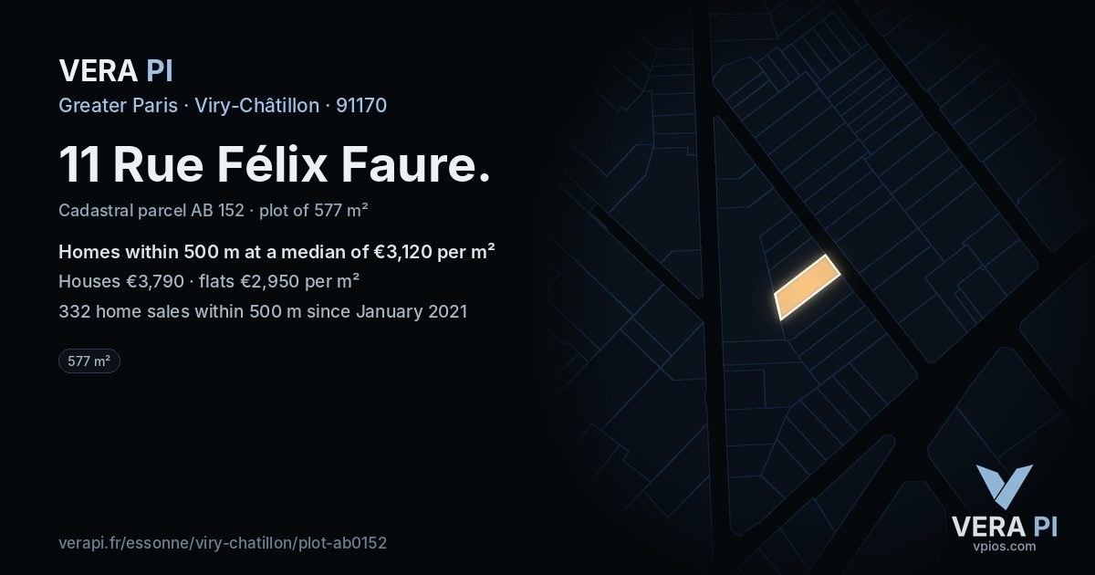 11 Rue Félix Faure, Viry-Châtillon at night – the plot lit, the parcels around coloured by the prices near them