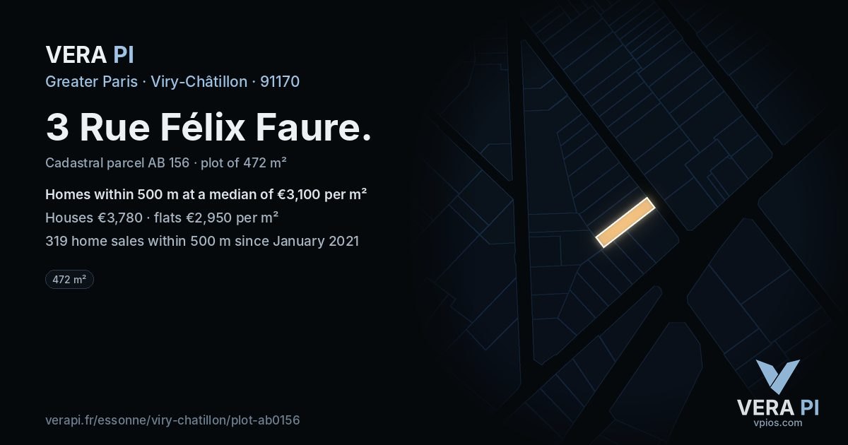 3 Rue Félix Faure, Viry-Châtillon at night – the plot lit, the parcels around coloured by the prices near them
