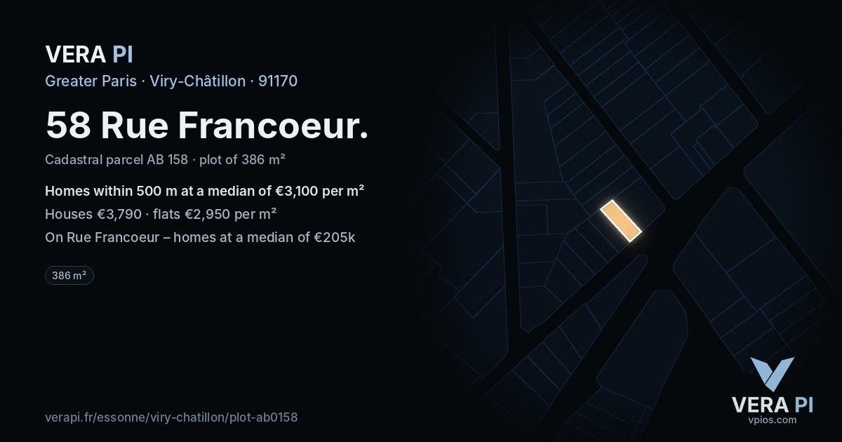 58 Rue Francoeur, Viry-Châtillon at night – the plot lit, the parcels around coloured by the prices near them