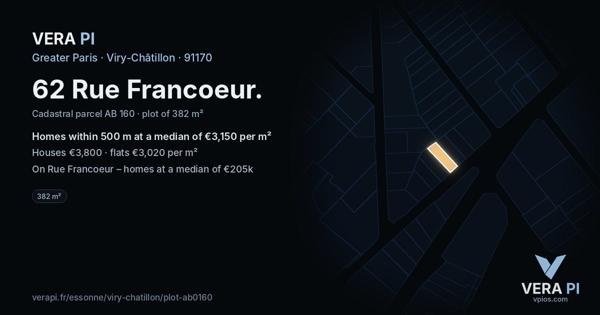 62 Rue Francoeur, Viry-Châtillon at night – the plot lit, the parcels around coloured by the prices near them