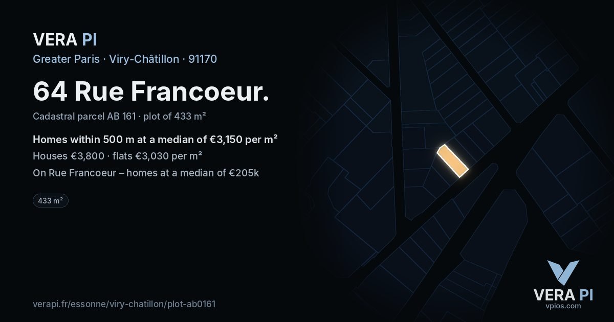 64 Rue Francoeur, Viry-Châtillon at night – the plot lit, the parcels around coloured by the prices near them