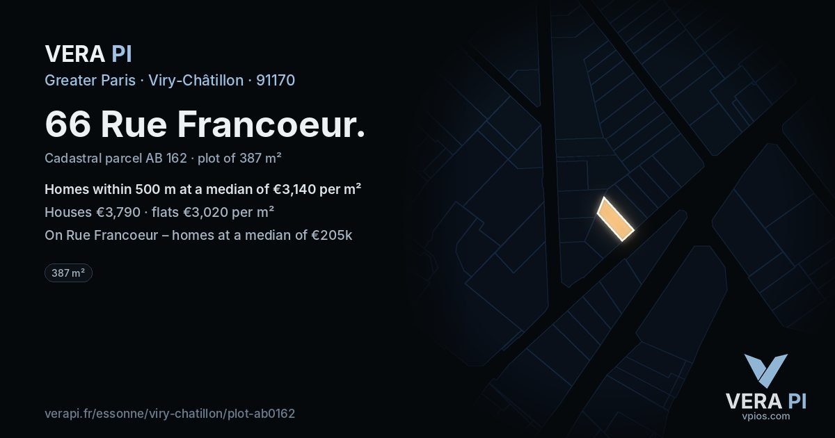 66 Rue Francoeur, Viry-Châtillon at night – the plot lit, the parcels around coloured by the prices near them