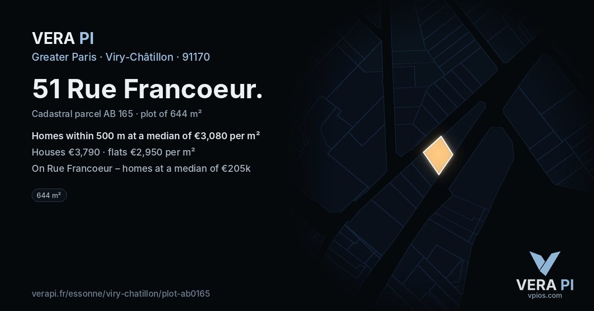 51 Rue Francoeur, Viry-Châtillon at night – the plot lit, the parcels around coloured by the prices near them