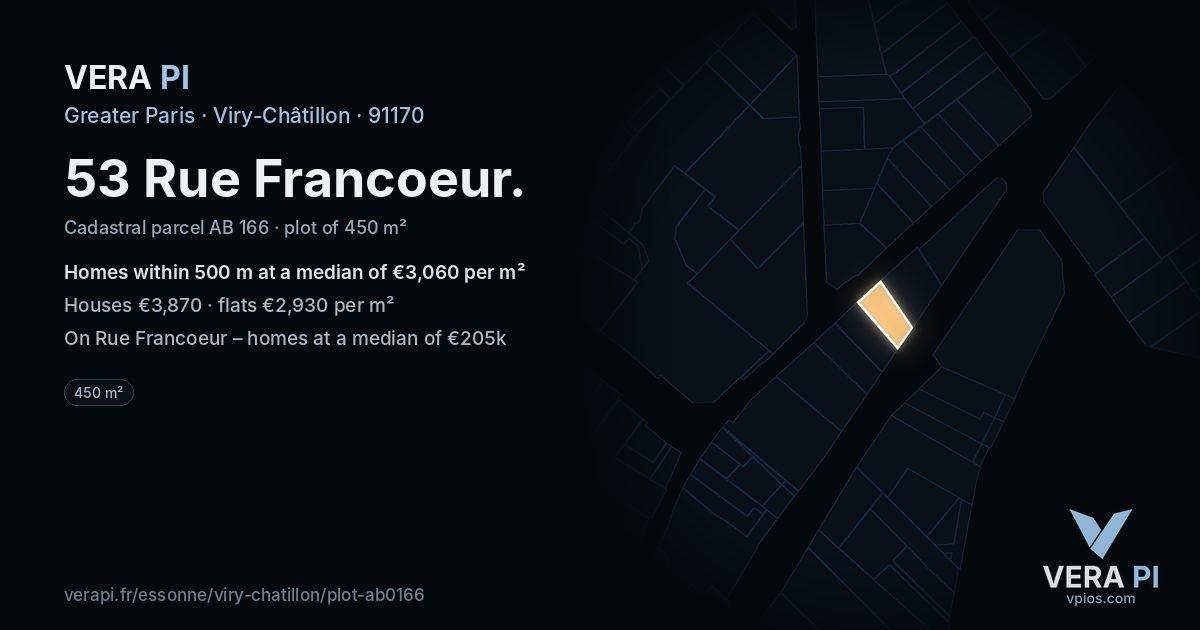 53 Rue Francoeur, Viry-Châtillon at night – the plot lit, the parcels around coloured by the prices near them