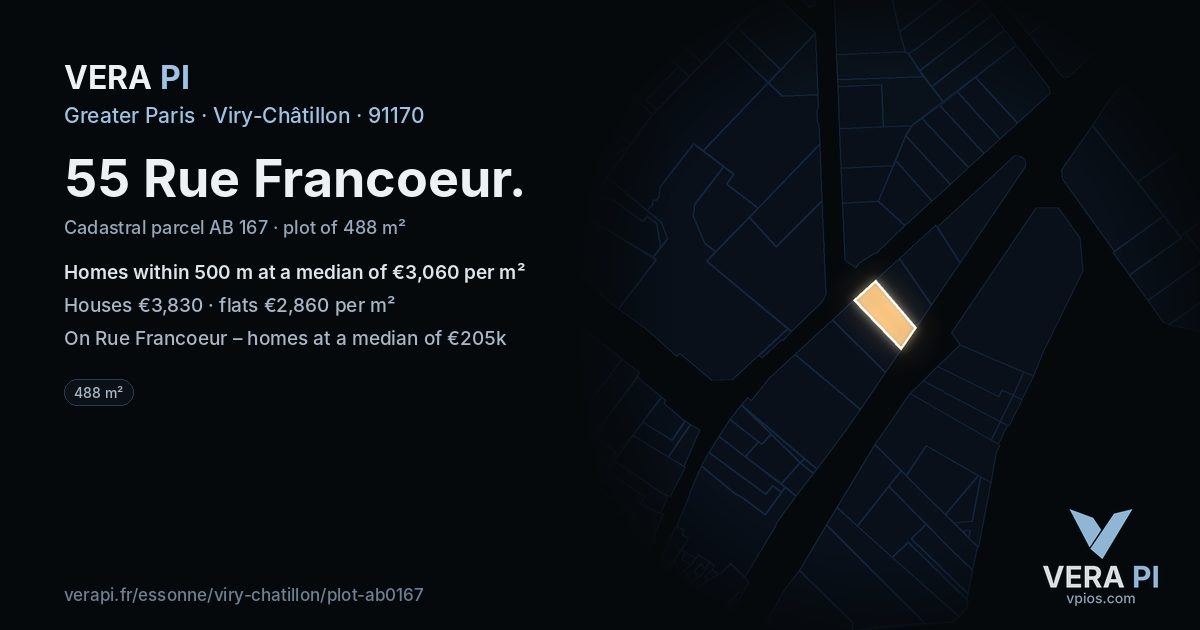55 Rue Francoeur, Viry-Châtillon at night – the plot lit, the parcels around coloured by the prices near them