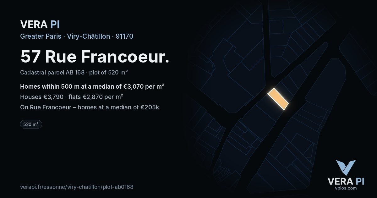 57 Rue Francoeur, Viry-Châtillon at night – the plot lit, the parcels around coloured by the prices near them