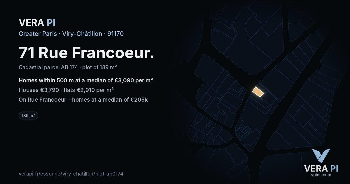 71 Rue Francoeur, Viry-Châtillon at night – the plot lit, the parcels around coloured by the prices near them