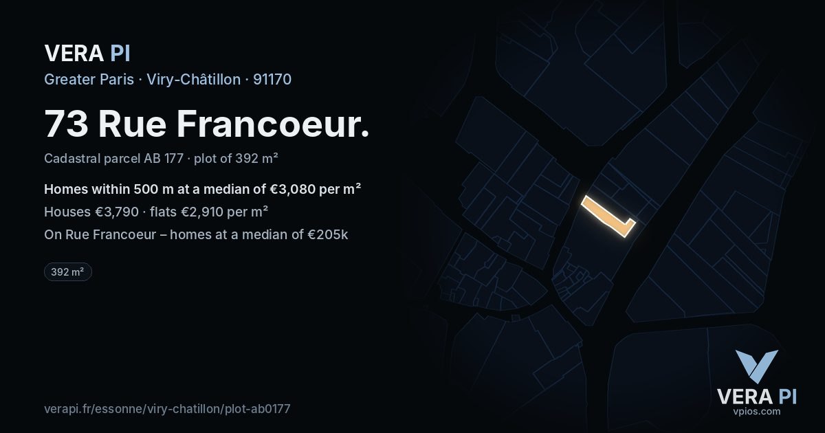 73 Rue Francoeur, Viry-Châtillon at night – the plot lit, the parcels around coloured by the prices near them
