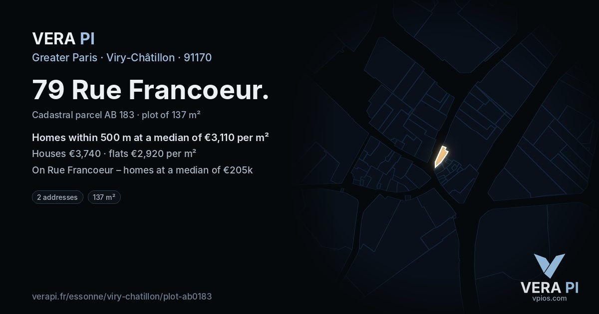 79 Rue Francoeur, Viry-Châtillon at night – the plot lit, the parcels around coloured by the prices near them