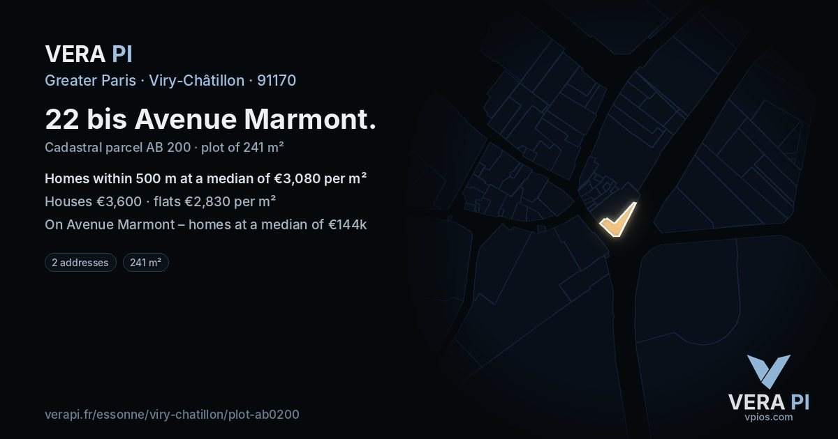 22 bis Avenue Marmont, Viry-Châtillon at night – the plot lit, the parcels around coloured by the prices near them
