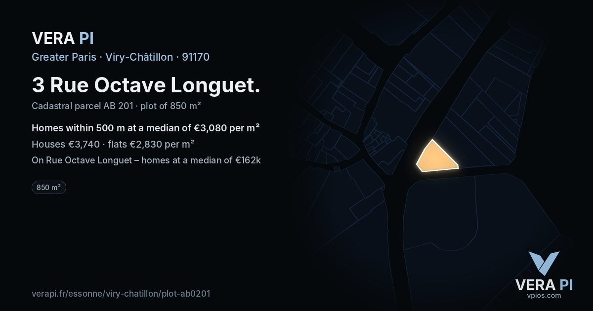3 Rue Octave Longuet, Viry-Châtillon at night – the plot lit, the parcels around coloured by the prices near them