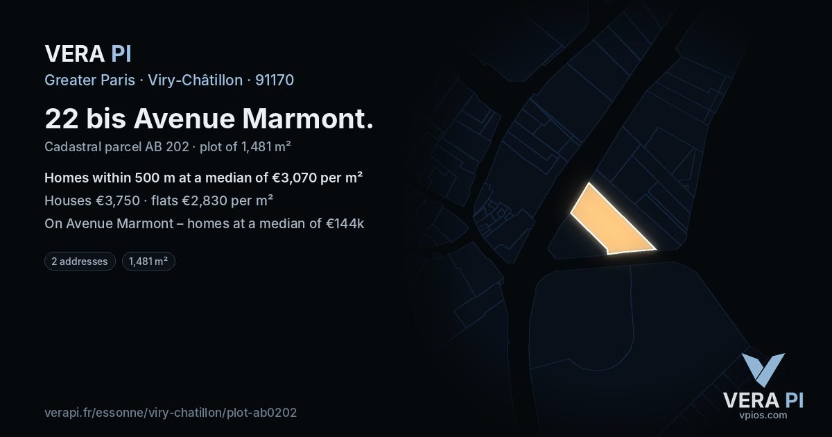22 bis Avenue Marmont, Viry-Châtillon at night – the plot lit, the parcels around coloured by the prices near them