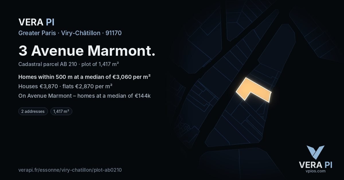 3 Avenue Marmont, Viry-Châtillon at night – the plot lit, the parcels around coloured by the prices near them