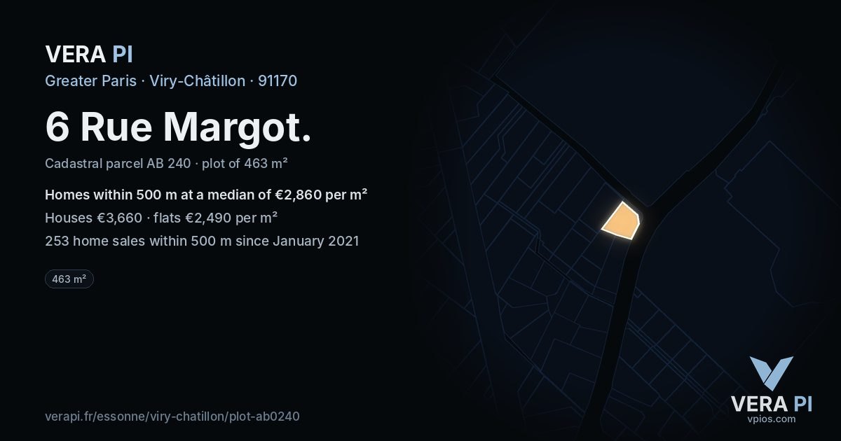 6 Rue Margot, Viry-Châtillon at night – the plot lit, the parcels around coloured by the prices near them