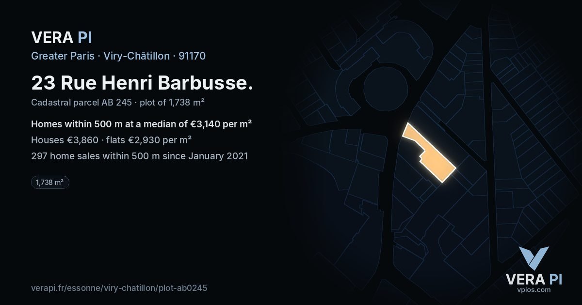 23 Rue Henri Barbusse, Viry-Châtillon at night – the plot lit, the parcels around coloured by the prices near them