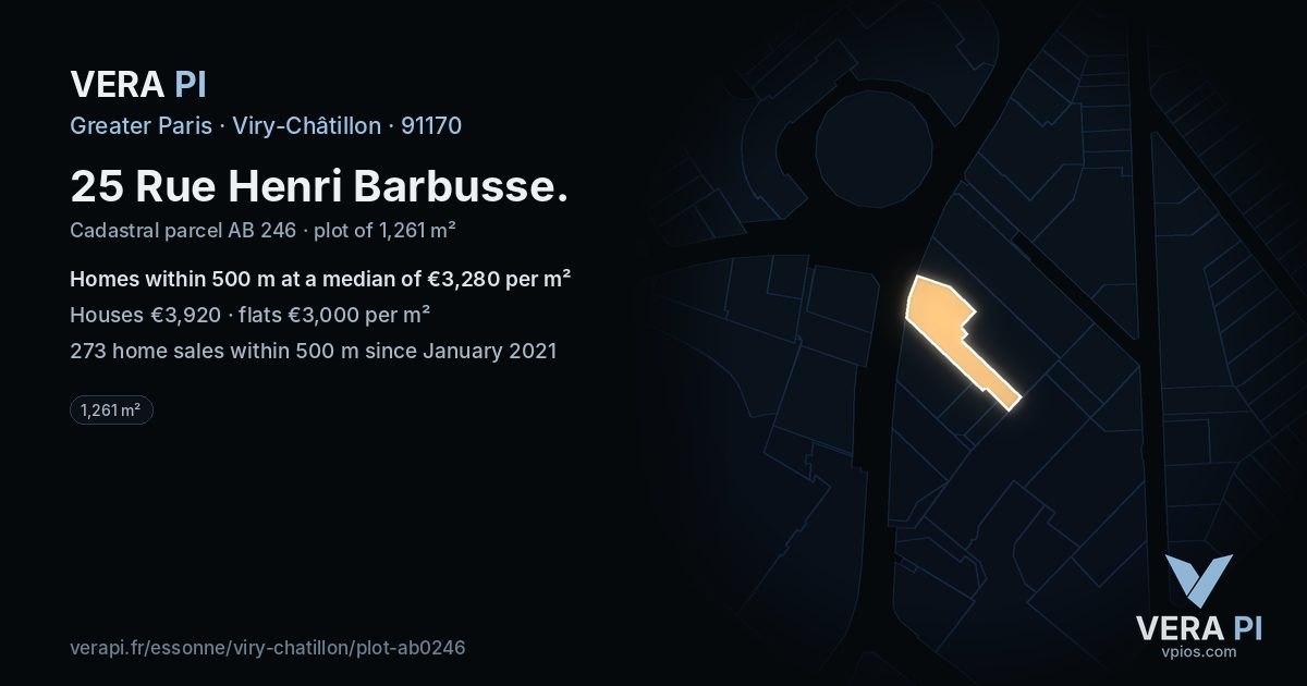 25 Rue Henri Barbusse, Viry-Châtillon at night – the plot lit, the parcels around coloured by the prices near them