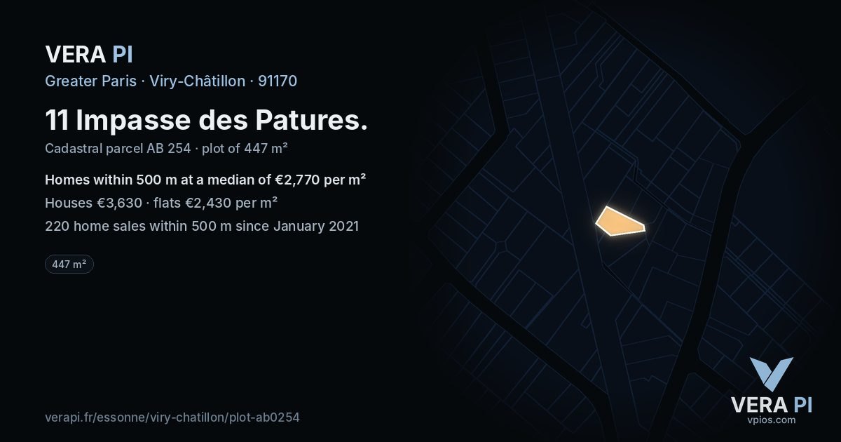 11 Impasse des Patures, Viry-Châtillon at night – the plot lit, the parcels around coloured by the prices near them