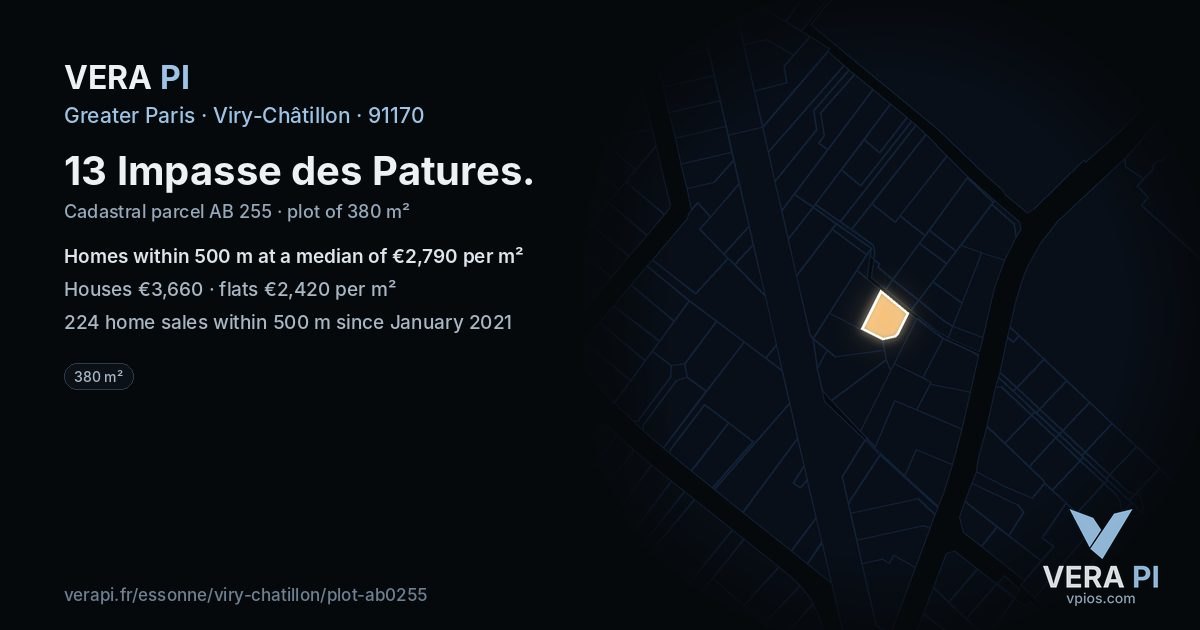 13 Impasse des Patures, Viry-Châtillon at night – the plot lit, the parcels around coloured by the prices near them