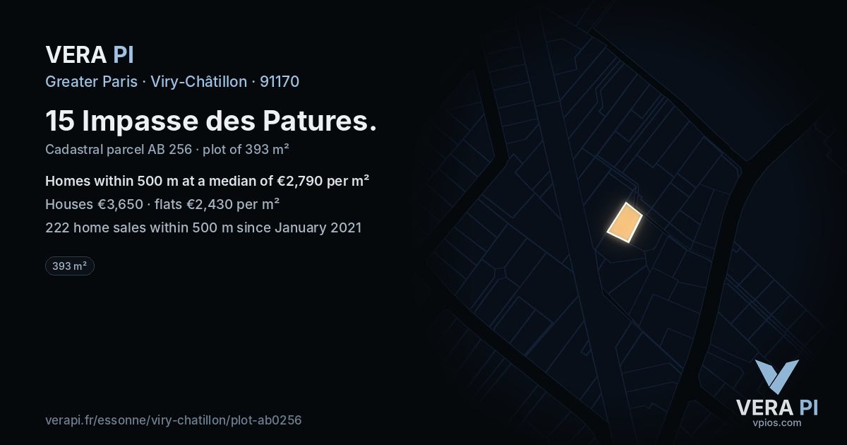 15 Impasse des Patures, Viry-Châtillon at night – the plot lit, the parcels around coloured by the prices near them