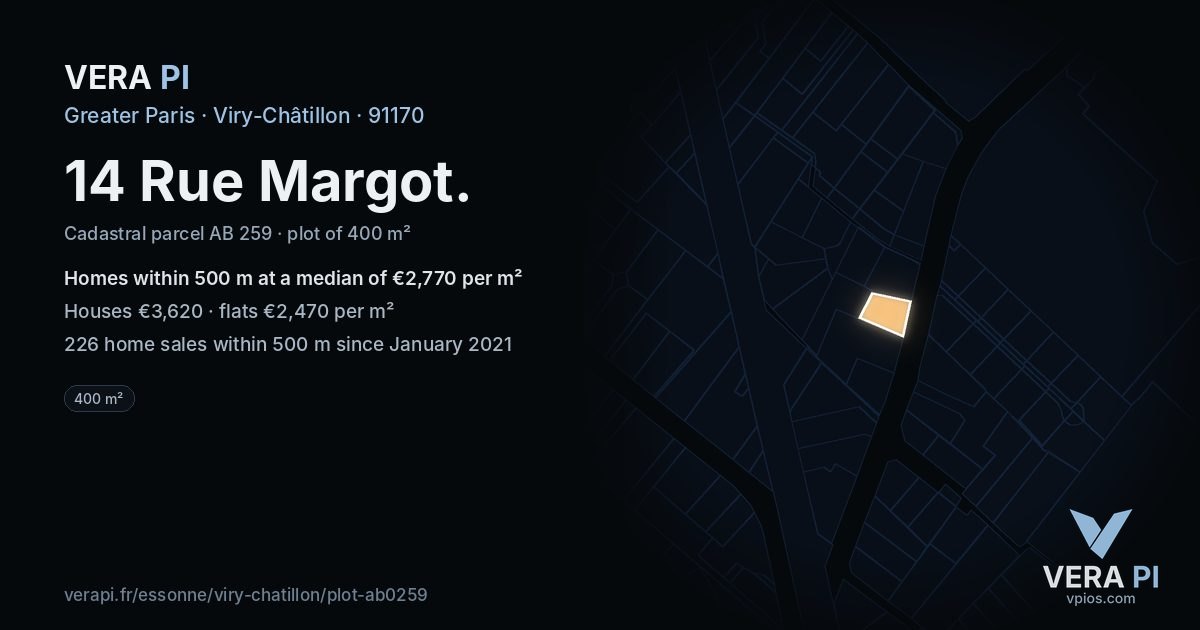 14 Rue Margot, Viry-Châtillon at night – the plot lit, the parcels around coloured by the prices near them