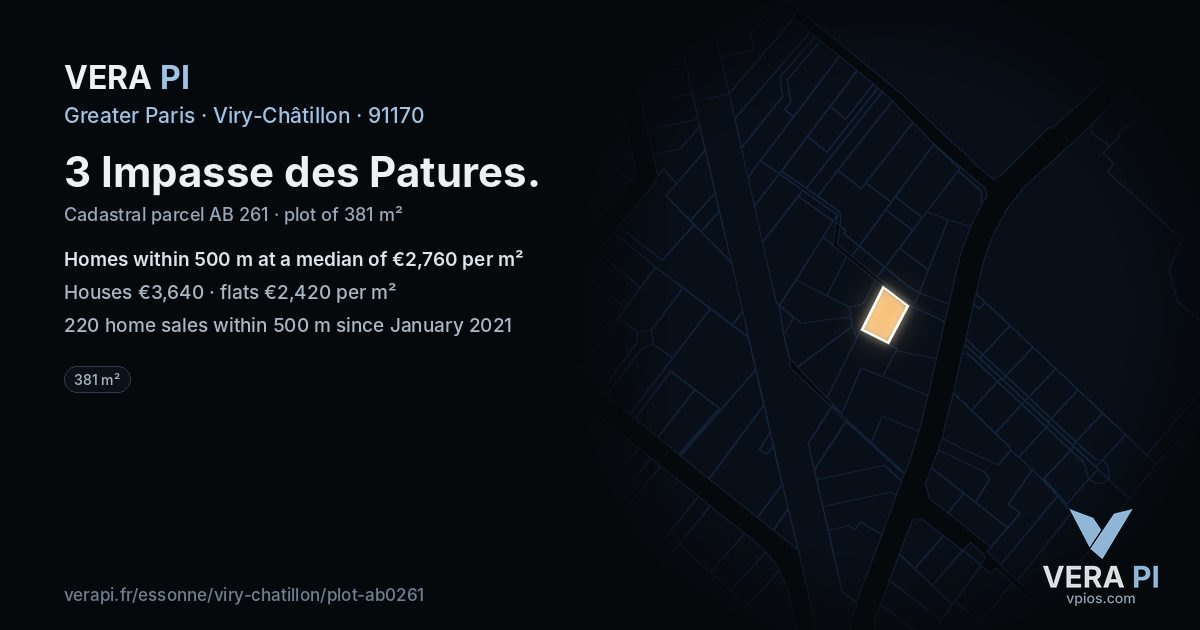 3 Impasse des Patures, Viry-Châtillon at night – the plot lit, the parcels around coloured by the prices near them