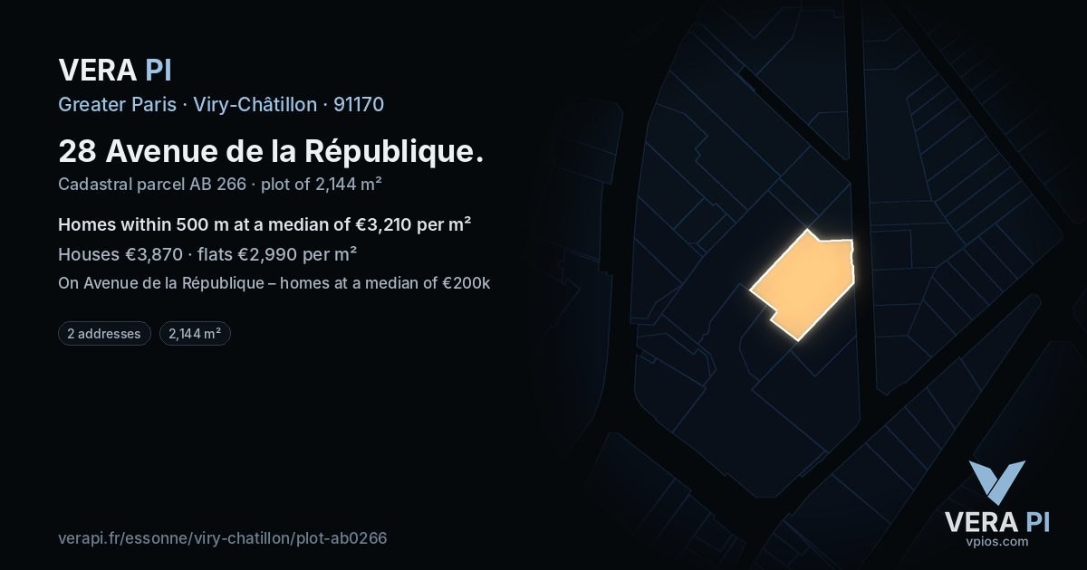 28 Avenue de la République, Viry-Châtillon at night – the plot lit, the parcels around coloured by the prices near them