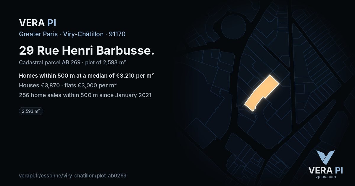 29 Rue Henri Barbusse, Viry-Châtillon at night – the plot lit, the parcels around coloured by the prices near them