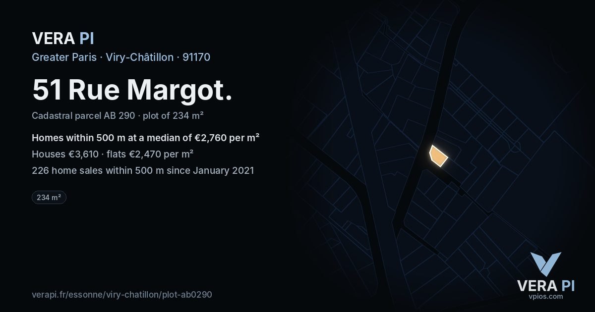 51 Rue Margot, Viry-Châtillon at night – the plot lit, the parcels around coloured by the prices near them