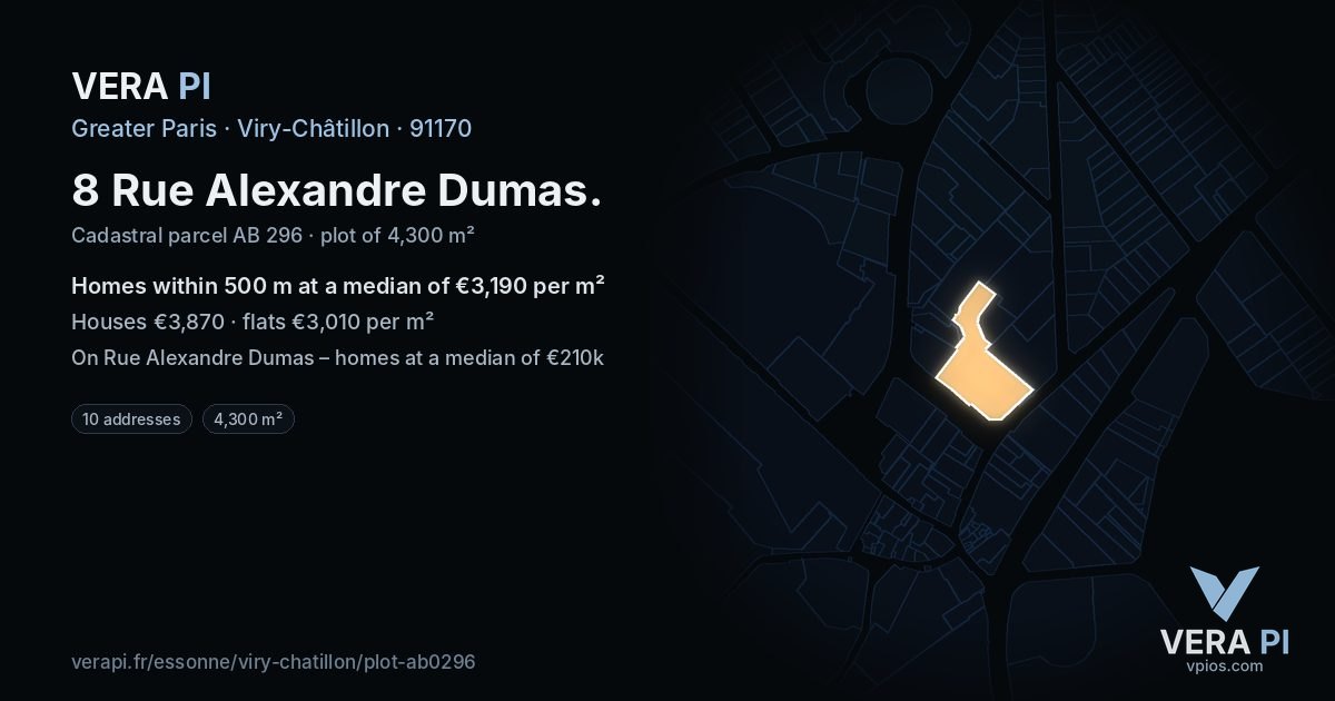 8 Rue Alexandre Dumas, Viry-Châtillon at night – the plot lit, the parcels around coloured by the prices near them
