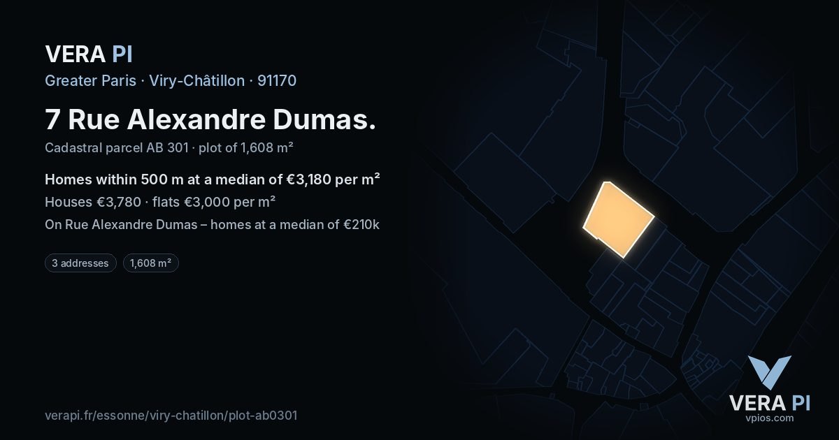 7 Rue Alexandre Dumas, Viry-Châtillon at night – the plot lit, the parcels around coloured by the prices near them