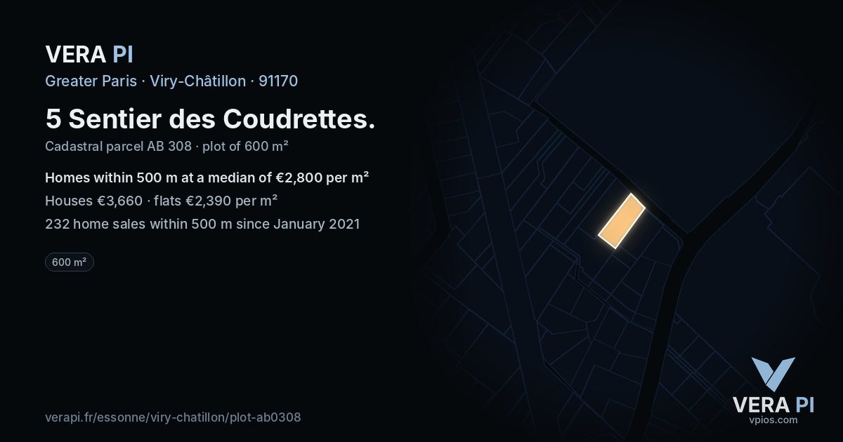 5 Sentier des Coudrettes, Viry-Châtillon at night – the plot lit, the parcels around coloured by the prices near them