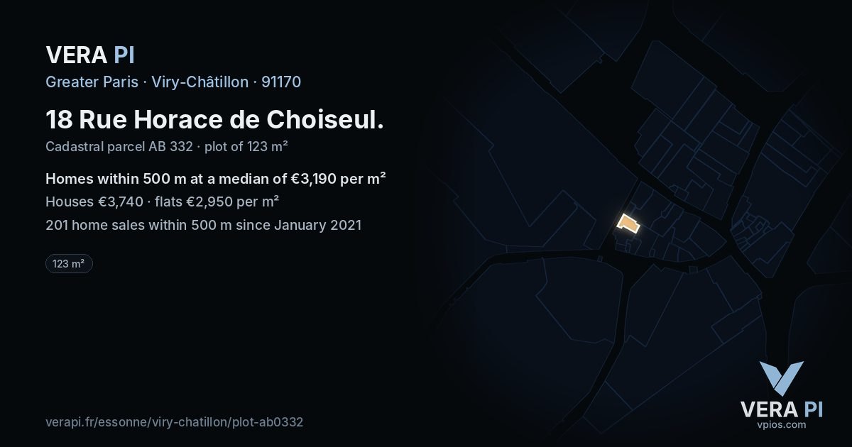 18 Rue Horace de Choiseul, Viry-Châtillon at night – the plot lit, the parcels around coloured by the prices near them