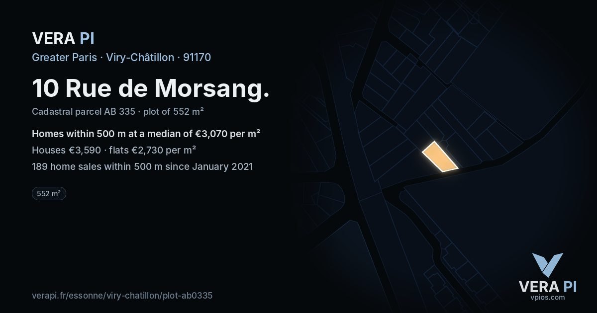 10 Rue de Morsang, Viry-Châtillon at night – the plot lit, the parcels around coloured by the prices near them