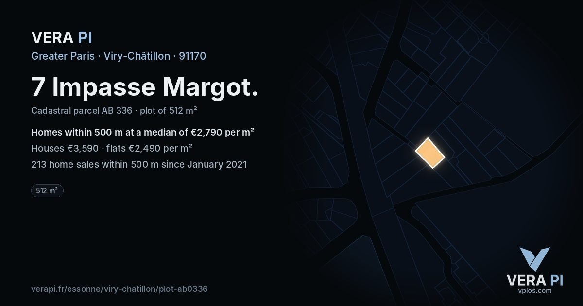 7 Impasse Margot, Viry-Châtillon at night – the plot lit, the parcels around coloured by the prices near them