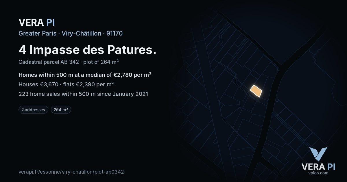 4 Impasse des Patures, Viry-Châtillon at night – the plot lit, the parcels around coloured by the prices near them