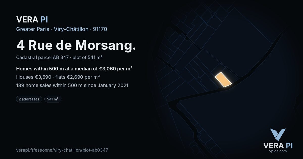 4 Rue de Morsang, Viry-Châtillon at night – the plot lit, the parcels around coloured by the prices near them