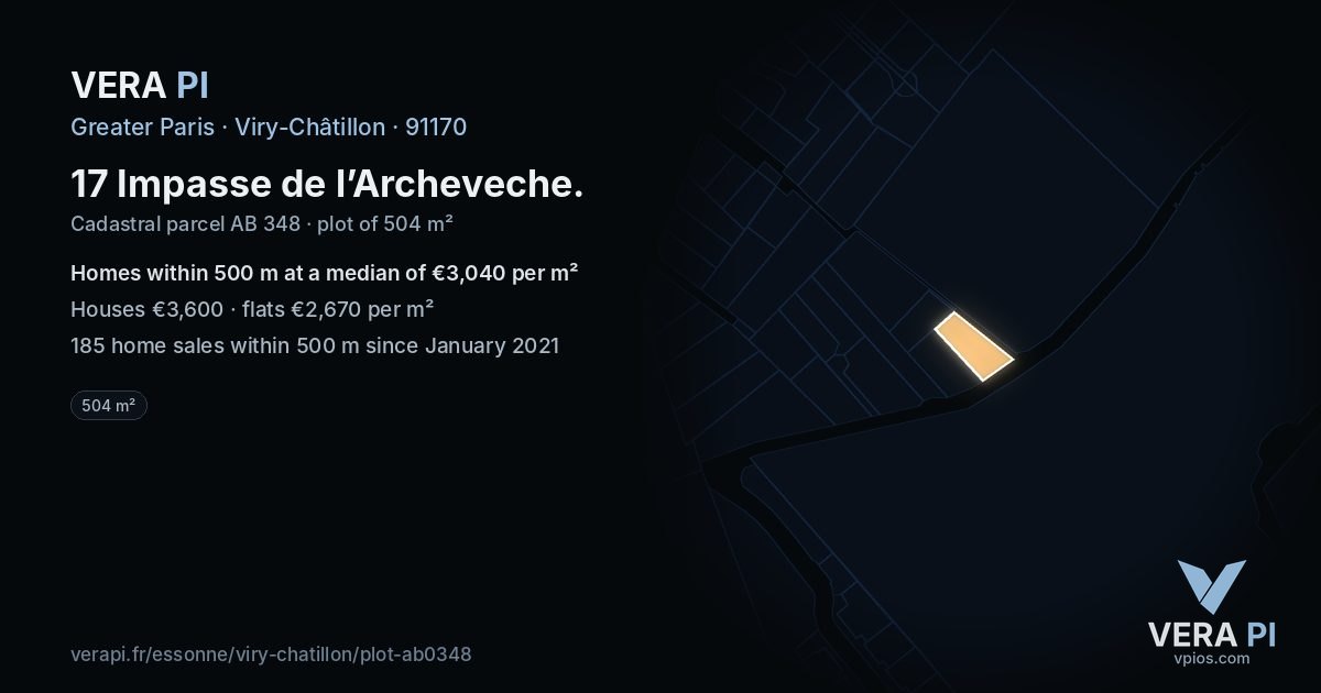 17 Impasse de l’Archeveche, Viry-Châtillon at night – the plot lit, the parcels around coloured by the prices near them