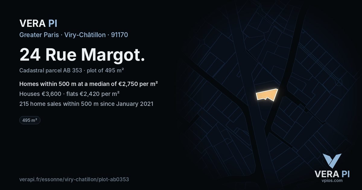 24 Rue Margot, Viry-Châtillon at night – the plot lit, the parcels around coloured by the prices near them